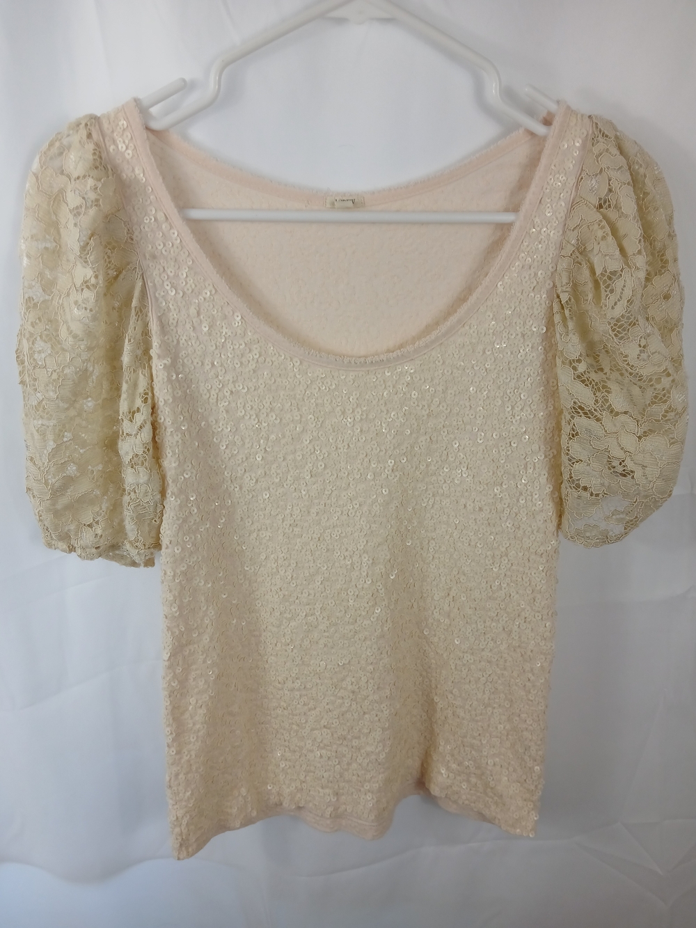 Cream Lace Puff-Sleeve Sequin Top